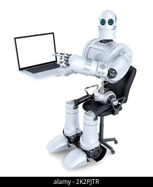 Roboter mit Laptop im Bürostuhl. Isoliert. Enthält den Beschneidungspfad der gesamten Szene und des Laptopbildschirms Stockfoto