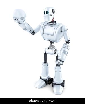 Roboter, der einen menschlichen Schädel hält. Isoliert. Enthält Beschneidungspfad Stockfoto