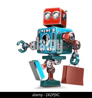 Retro-Roboter mit Warenkorb. Isoliert. Enthält Beschneidungspfad Stockfoto