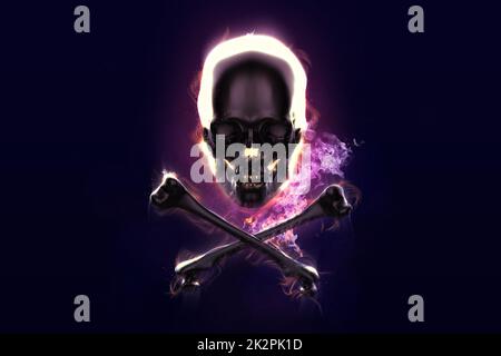 Schädel und Kreuzbein in Flammen Stockfoto