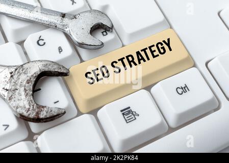 Handschrift Zeichen Seo Strategie. Business Showcase Techniken und Taktiken, um die Besucher einer Website zu erhöhen Stockfoto