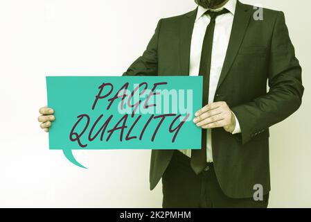 Schreiben mit Anzeige von Text Seitenqualität. Geschäftsansatz Effektivität einer Website in Bezug auf Aussehen und Funktion Stockfoto