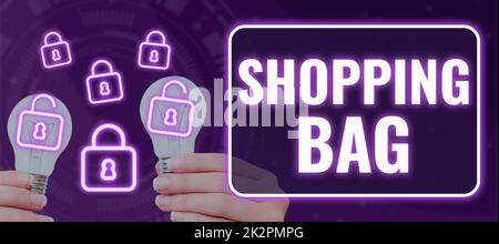 Textunterschrift mit Darstellung des Einkaufsbugs. Business-Konzept-Container für den Transport von persönlichen Besitztümern oder Einkäufen Stockfoto