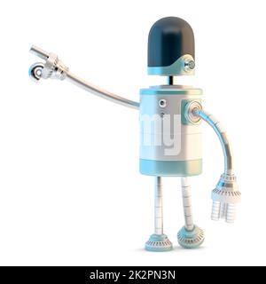 Der Roboter zeigt weg. 3D Abbildung. Isoliert Stockfoto
