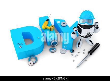 Roboter mit DIY Zeichen. Technologie-Konzept. Isoliert auf weißem Hintergrund. Clipping-Pfad enthält. Stockfoto