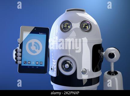 Roboter, der seinen Tablet-Computer benutzt. Technologiekonzept. Enthält Beschneidungspfad Stockfoto