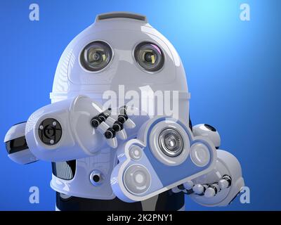Roboter mit Wolke in der Hand. Cloud-Computing-Konzept. Technologiekonzept Stockfoto