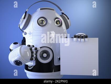 Roboterbediener mit Headset und leerer Platine. Technologiekonzept. Enthält Beschneidungspfad Stockfoto