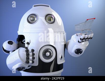 Der Roboter hält den Warenkorb. Technologiekonzept. Enthält Beschneidungspfad Stockfoto