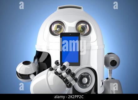 Roboter mit Mobiltelefon. Enthält Beschneidungspfad Stockfoto