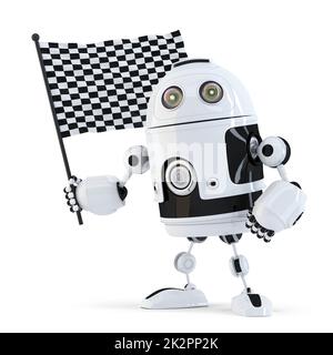 Robot Waving Chequered Flag. Isoliert. Enthält Beschneidungspfad Stockfoto