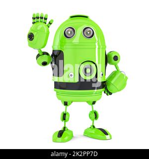 Grüner 3D-Roboter Waving Hallo. Isoliert. Enthält Beschneidungspfad Stockfoto