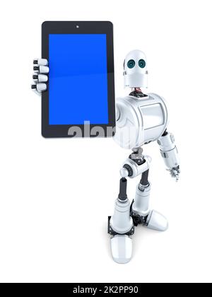 Roboter mit Touchscreen-Telefon. Isoliert. Enthält Beschneidungspfad Stockfoto