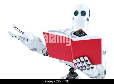 Roboter mit Buch. Nahaufnahme. Isoliert. Enthält Beschneidungspfad Stockfoto