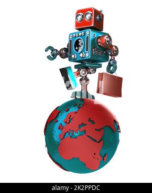 Retro-Roboter mit Einkaufstasche zu Fuß rund um den Globus. Isoliert. Clipping-Pfad enthält Stockfoto
