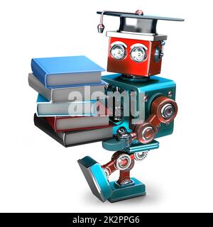 Oldtimer-Roboter mit Büchern. Isoliert. Enthält Beschneidungspfad Stockfoto