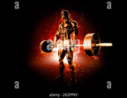 Workout mit flammender Barbell. 3D Abbildung Stockfoto