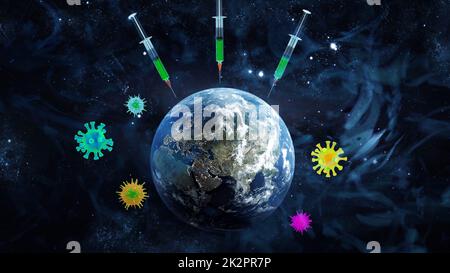 Medizinische Spritze mit einer Nadel geimpft den Planeten Erde. 3D Rendern. Elemente dieses Bildes, die von der NASA eingerichtet wurden. Stockfoto