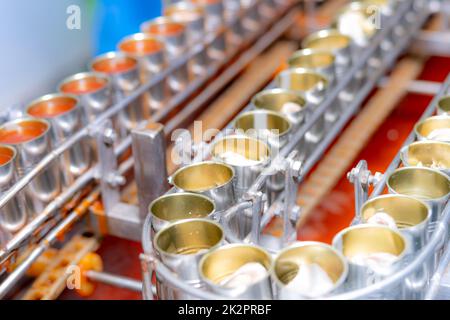 Fischkonservenfabrik. Lebensmittelindustrie. Sardinen in roter Tomatensoße in Dosen in der Lebensmittelfabrik. Produktionslinie für die Lebensmittelverarbeitung. Lebensmittelindustrie. Viele Dosen Sardinen auf einem Förderband. Stockfoto