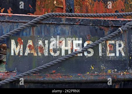 MSC Pelican Manchester Barge, 1956 ehemaliges Kanalkranboot aus Manchester, verwendet für Geschäfte und Bouy tender, zurückgezogen 1980 Stockfoto