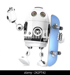 Roboter-Skateboarder. 3D Abbildung. Isoliert. Enthält Beschneidungspfad Stockfoto