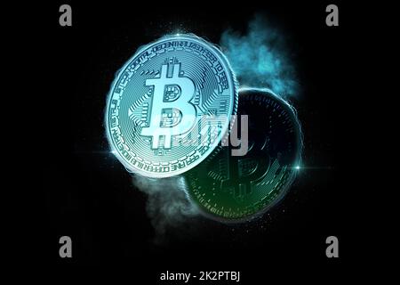 Glühende Bitcoin-Münzen. 3D Abbildung Stockfoto