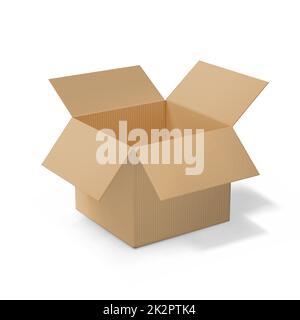 Realistische offene Box aus Karton, Seitenansicht Stockfoto