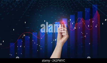 Holographisches Diagramm mit steigenden Zinsen und Indikatoren. Geschäftswachstumskonzept, hohe Profitabilität, erfolgreiche Gründung. Das Wachstum des Wechselkurses Stockfoto