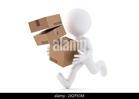 Kurier liefert ein Paket. 3D-Illustration. Isoliert Stockfoto