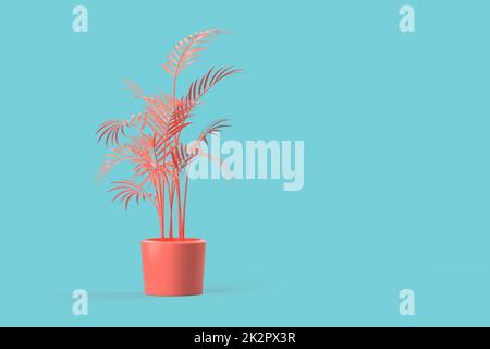 Abstrakte Topfpflanze in rosa Vase auf blauem Hintergrund. 3D-Illustration Stockfoto