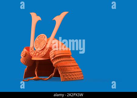 Rosa Samurai Helm auf blauem Hintergrund. 3D-Illustration Stockfoto