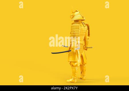 Rückansicht des Samurai-Kriegers in voller Rüstung mit Katana. 3D-Illustration Stockfoto