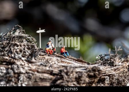 Eine Gruppe von Miniaturwanderern, die eine Pause einlegen Stockfoto