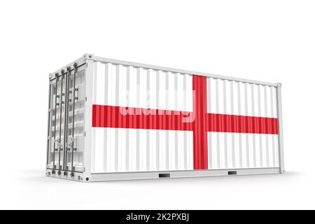 Realistischer Transportcontainer mit Flagge von England strukturiert. Isoliert. 3D-Rendering Stockfoto