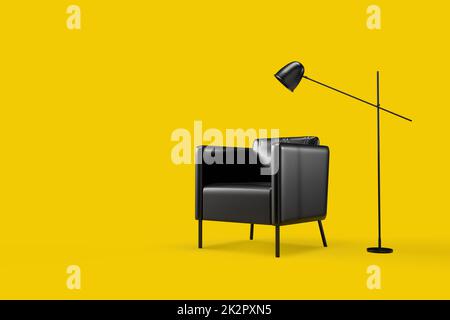 Minimalistisches Interieur mit Sessel und Lampe auf gelbem Hintergrund. 3D-Illustration Stockfoto