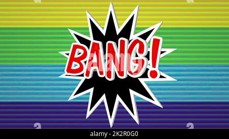 Bang Comic-Pop-Art-Text vor farbenfrohem Hintergrund. Stockfoto