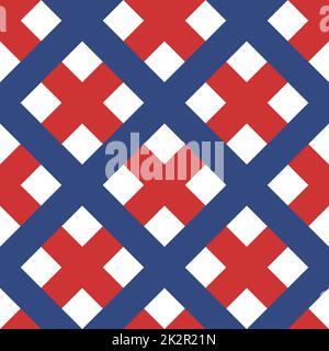 Nahtloses Muster. Klassische Zelle diagonal. Kontrastierende rote und blaue diagonale Linien auf weißem Hintergrund. Stockfoto