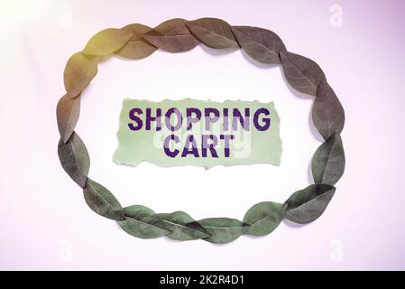Textunterschrift mit Darstellung des Einkaufswagens. Internet Concept Case Trolley mit Lebensmittel und Merchandise Stockfoto