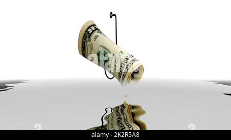 Dollar auf Fischhaken, der sich im Wasser spiegelt Stockfoto