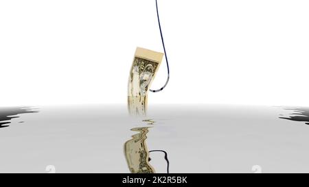 Dollar auf Fischhaken, der sich im Wasser spiegelt Stockfoto