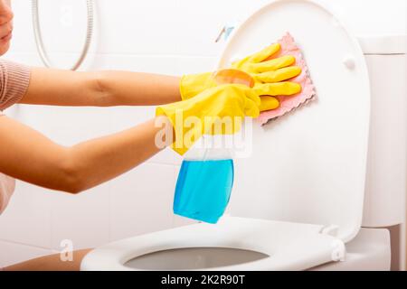 Hand einer asiatischen Frau, die den Toilettensitz mit Flüssigspray und einem rosa Tuch abwischte, um die Toilette im Haus zu reinigen Stockfoto