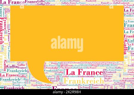 Die Worte 'Frankreich, France, La France, Gallia' als Word Art, Word Cloud, Tag Cloud in verschiedenen Sprachen mit Copy Space. Stockfoto