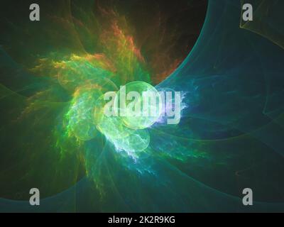 Abstrakter fraktaler Kunsthintergrund, der auf Astronomie und Nebel hindeutet. Computergenerierte Fraktaldarstellung eines Kunstnebels. Stockfoto