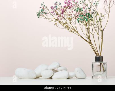 Bouquet von getrockneten Blumen in einer transparenten Glasvase auf einem weißen Tisch Stockfoto