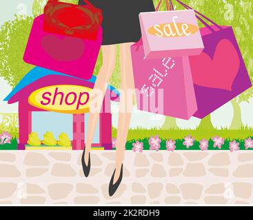 Shopping Mädchen verkauf Karte, in der Nähe der Beine Stockfoto