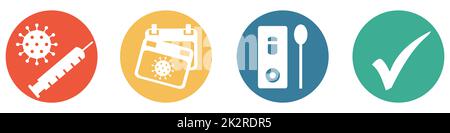 Farbenfrohes Banner mit 4 Knöpfen: Impfstoff, Schnelltest oder Wiedergefunden und Häkchen Stockfoto