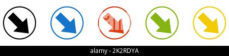 Kollektion mit runden Knöpfen – Symbol mit Pfeil nach unten in schwarzen, blauen, roten, grünen und gelben Kreisen Stockfoto