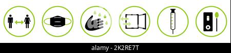 Covid-19-Anweisungen: Hände waschen, Abstand halten, Maske tragen, Fenster öffnen, sich impfen lassen, Verwenden Sie medizinische Tests Stockfoto