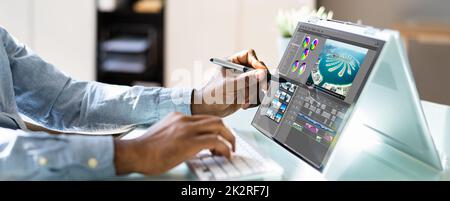 Video Editor Oder Designer Mit Editing Software Tech Stockfoto