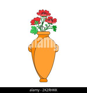 Farbige Vasen mit blühenden Blumen zur Dekoration und Innenausstattung. Roter Mohnstrauß in gelber Vase isoliert auf weißem Hintergrund. Vektorgrafik Stockfoto